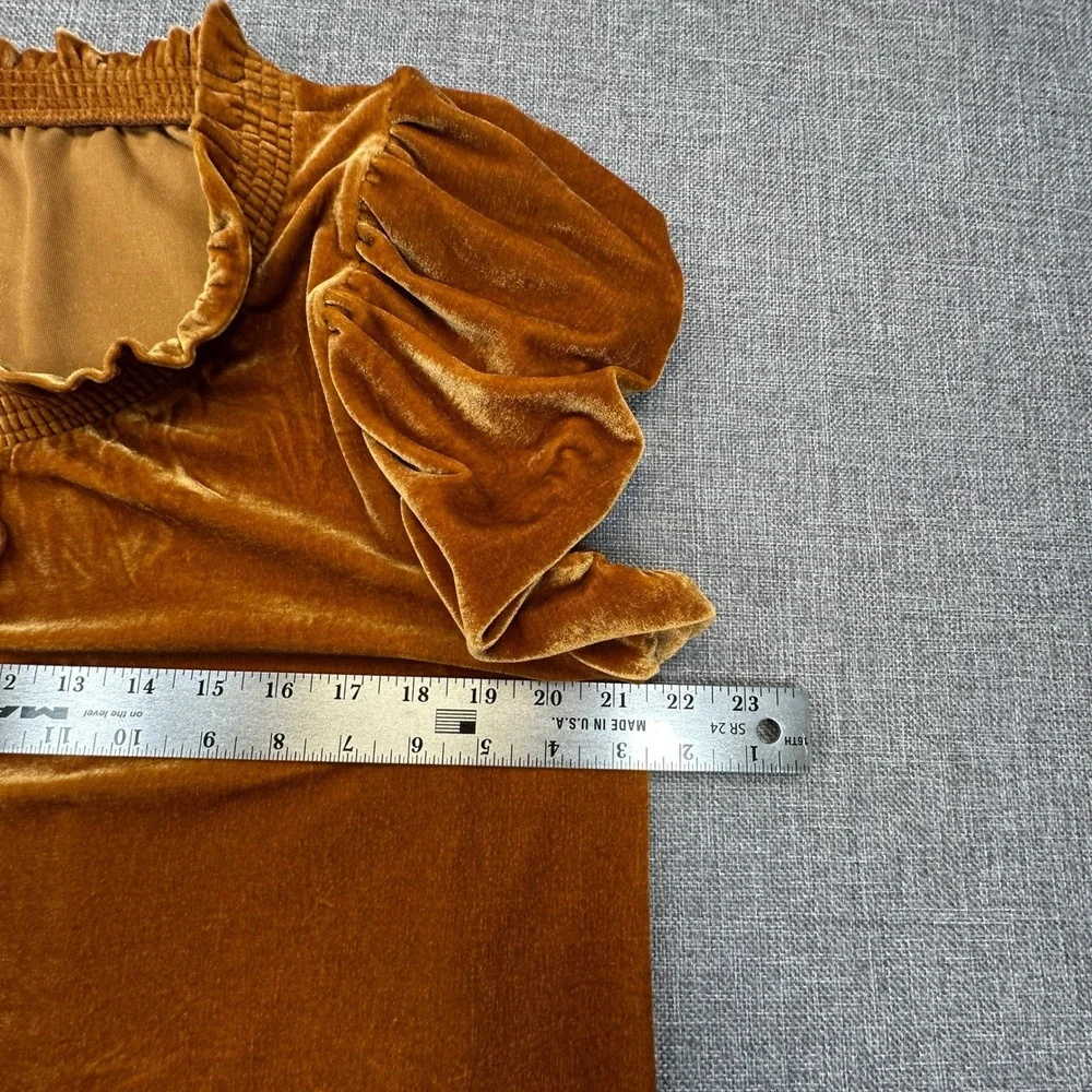 Free People Terese Velvet Top‎ Womens M Pumpkin Pie Puff Sleeve Tassel Tie Neck
